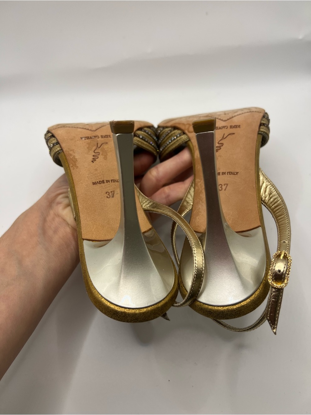 Rene Caovilla Gold Crystal Medallion Slingback Heels - Picture 13 of 15